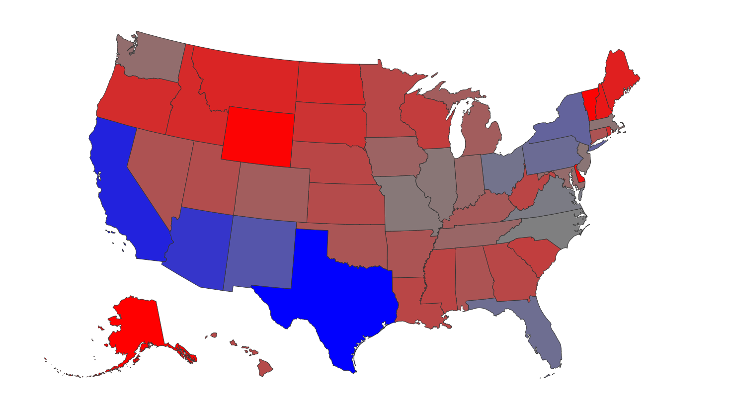 Map of the United States colored by number of federal criminal cases in each state